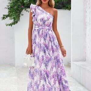 Purple Boho Women's One Shoulder Smocked Ruffle Maxi Dress